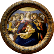 Madonna of the Pomegranate c. 1487 by Sandro Botticelli. Tempera on panel. 143.5 cm diameter (Uffizi) source:Wikimedia.org